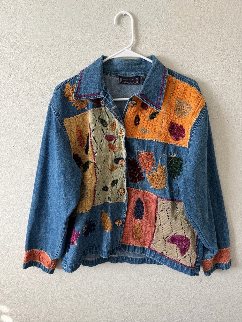 New Direction Vintage 90s Fall Themed Patchwork Denim Jacket Butter Mom Teacher